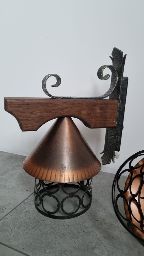 Kinket na ściane  i 2 wiszace lampy vintage miedź, stal, drewno dębowe