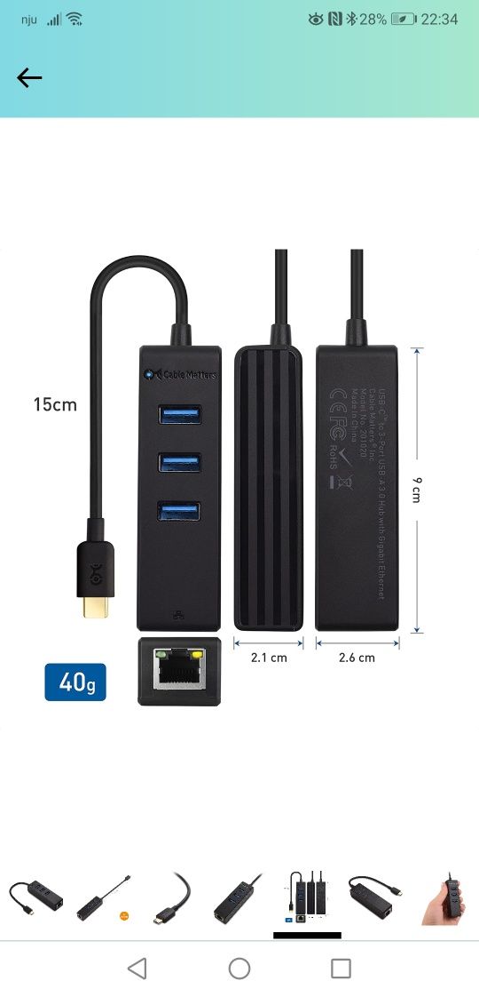 Cable Matters 3-portowy koncentrator USB C z Ethernetem