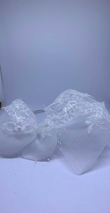 Nowa Tiulowa Kokarda Koronka Opaska Ślub Rękodzieło Perły Diadem  Art