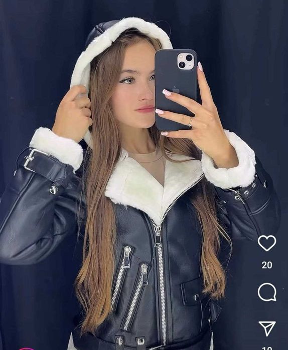 Жіноча коротка дублянка авіатор із капюшоном. S,M,L.