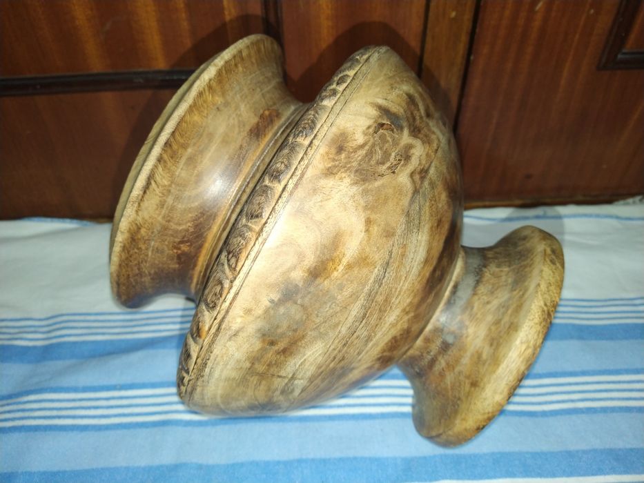 Jarro jarra em madeira de teca torneado e talhado decoração casa.
