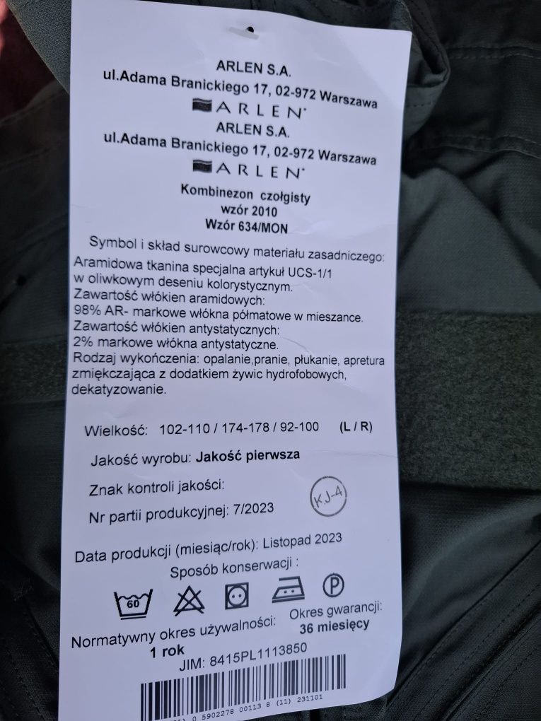 Kombinezon czołgisty nowy L/R