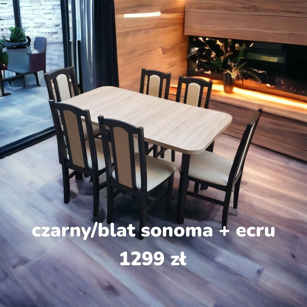 Nowe : STÓŁ + 6 KRZESEŁ , czarny/blat sonoma + ecru , dostawa cała PL