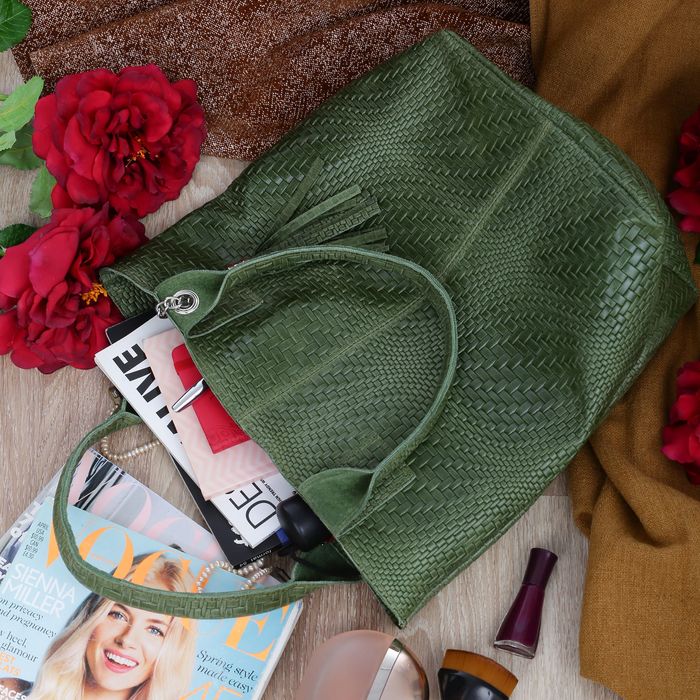 VERA PELLE torebka skórzana shopper przeplatana V521 oliwkowa