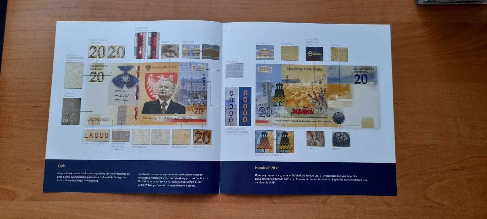 Banknot 20 zł Lech Kaczyński UNC + folder