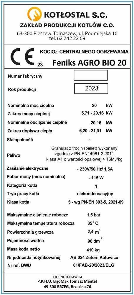 Kocioł na pellet FENIKS AGRO BIO o mocy 20 kW - EcoDesign 5 Klasa