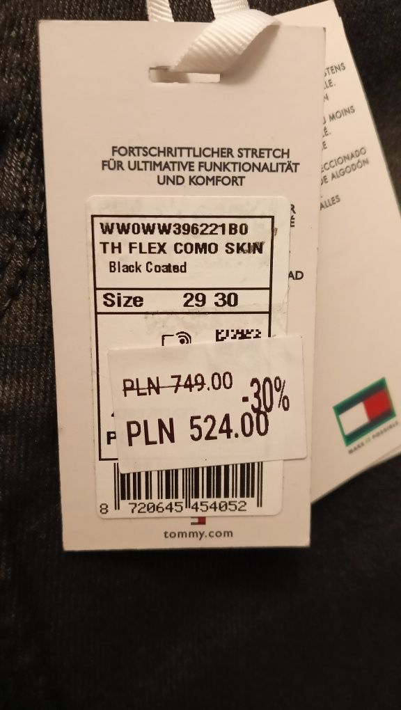 Jeansy nowe czarne spodnie Tommy Hilfiger THFlex Como Skinny W29 L30