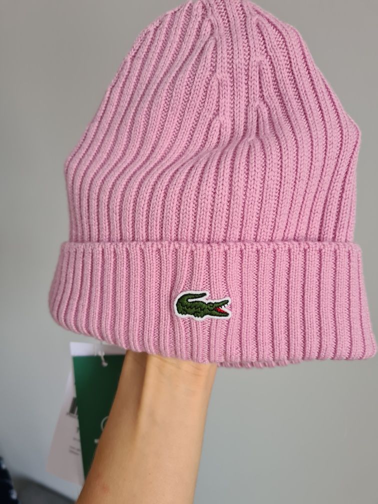 Czapka Lacoste beanie wełna różowa liliowa nowa z metką logo