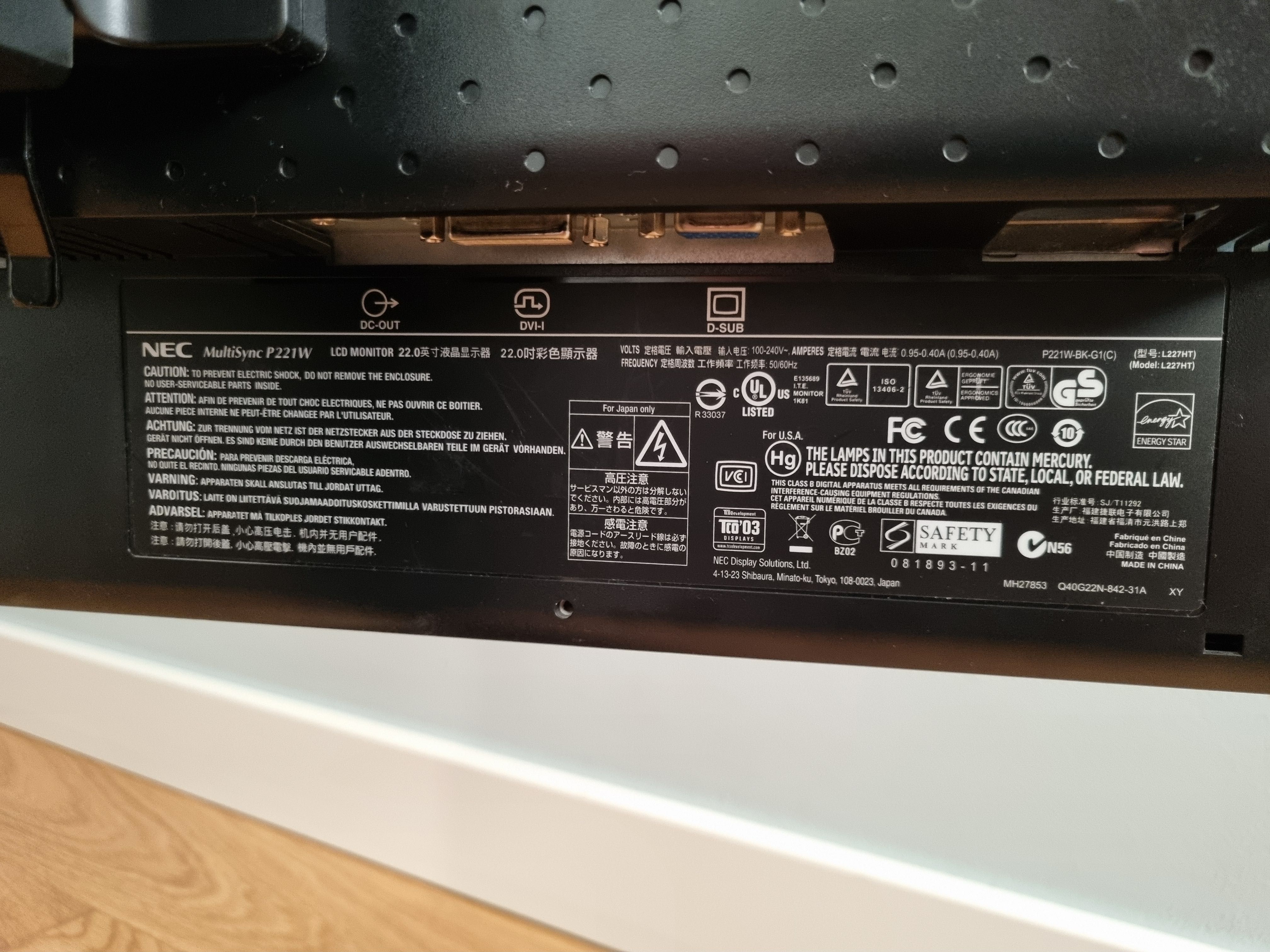 Monitor NEC MultiSync P221W 22"