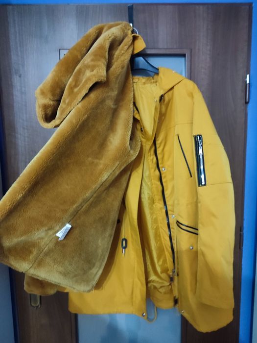 Kurtka zimowa damska, parka damska 2w1, żółta ocieplana, rozmiar L