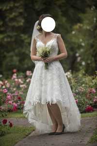 Suknia ślubna Agora, przód krótszy tyl dłuższy, kwiaty, ręczna robota