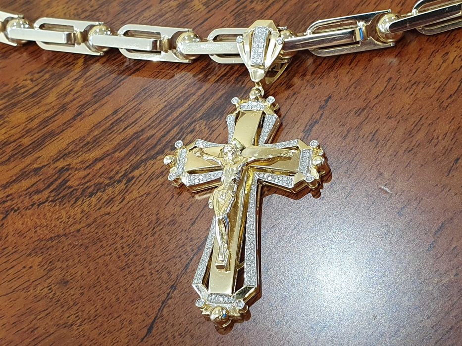 Złoty Łańcuch-128gr+KRZYŻ Z DIAMENTAMI-158 szt. - 0,80 ct.- próba 585.