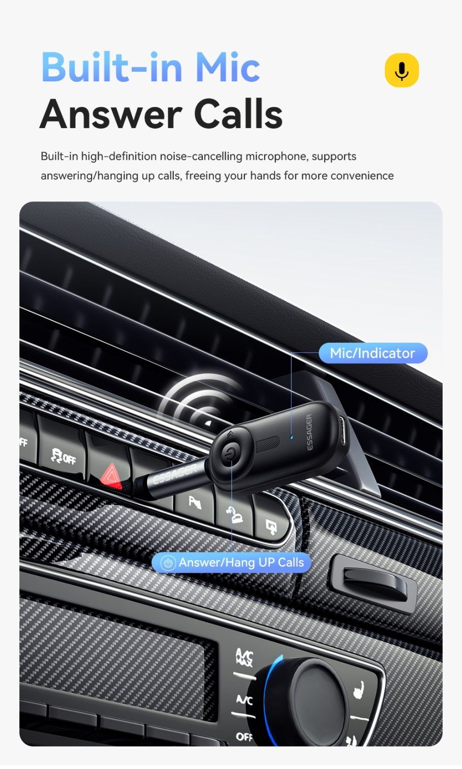 Essager Bluetooth 5,3 адаптер AUX 3,5. аудио приемник, микрофон, АКБ