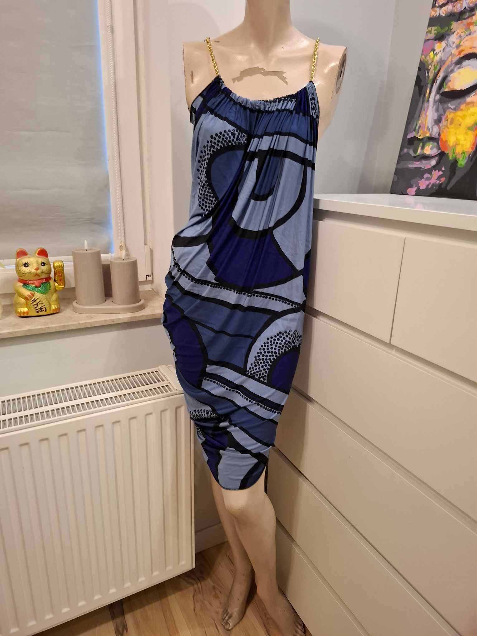 S 36 niebieska granatowa sukienka midi długa wzorzysta we wzór w print