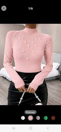 Nowy sweter damski różowy z perełkami pudrowy golf modny 36 s
