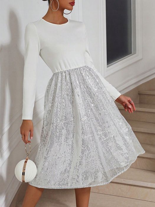 Sukienka Imprezowa Rozkloszowana Midi Cekinowa Srebrna Shein L 40