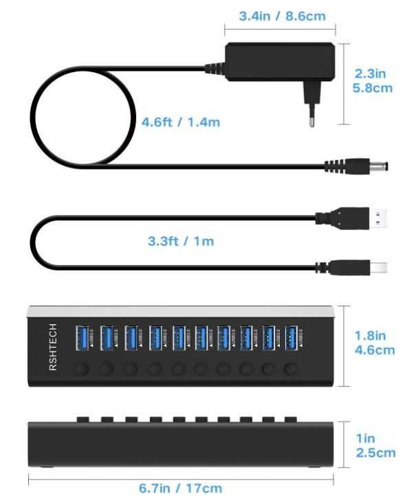 Hub USB 10 portów z wyłącznikiem każdego portu RSHTECH USB 3.0