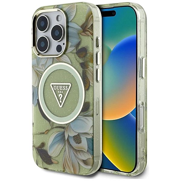 Etui Guess Glitter Flowers Triangle Buttons MagSafe do iPhone 16 Pro M