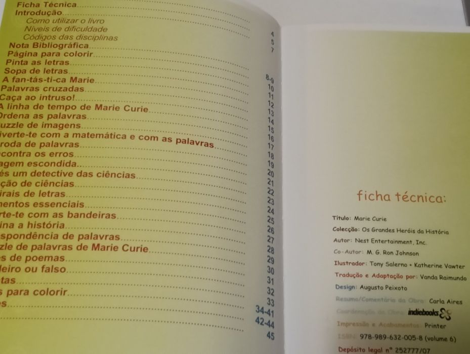 Livro Juvenil  Marie Curie ,actividades