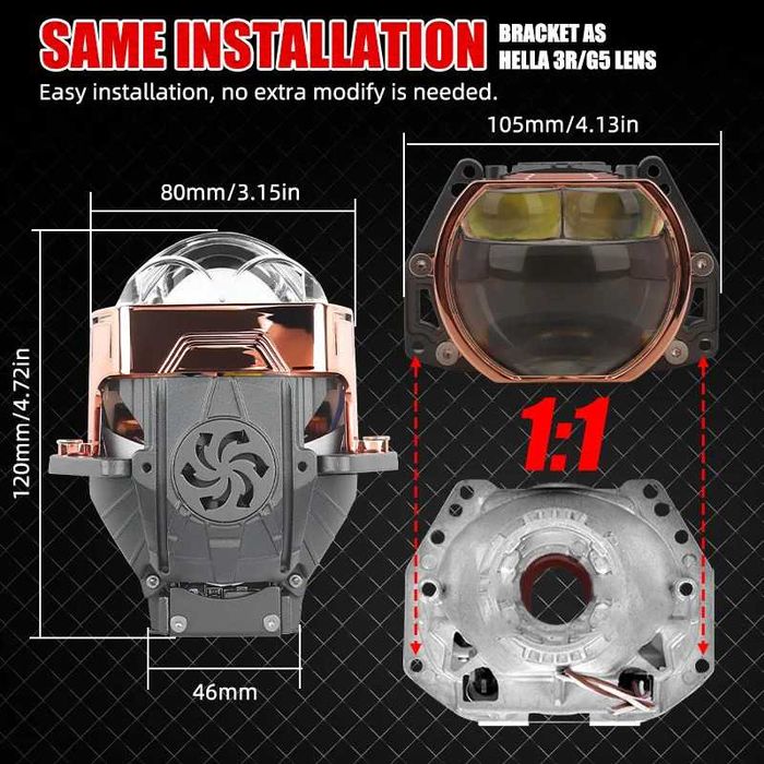 Бі-лед лінзи 3.0" з лазером 6000К 100вт