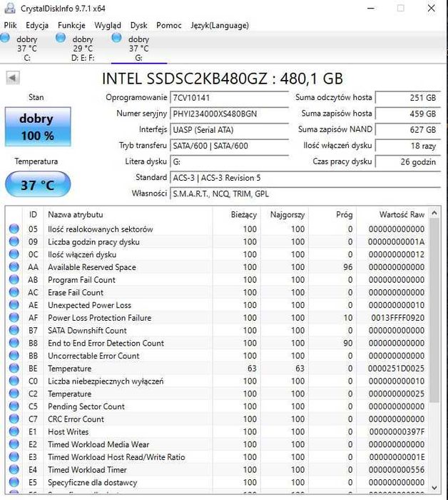 Mało używany Dysk 480GB SSD SATA 6Gbit Intel D3-S4520 SSDSC2KB480GZ