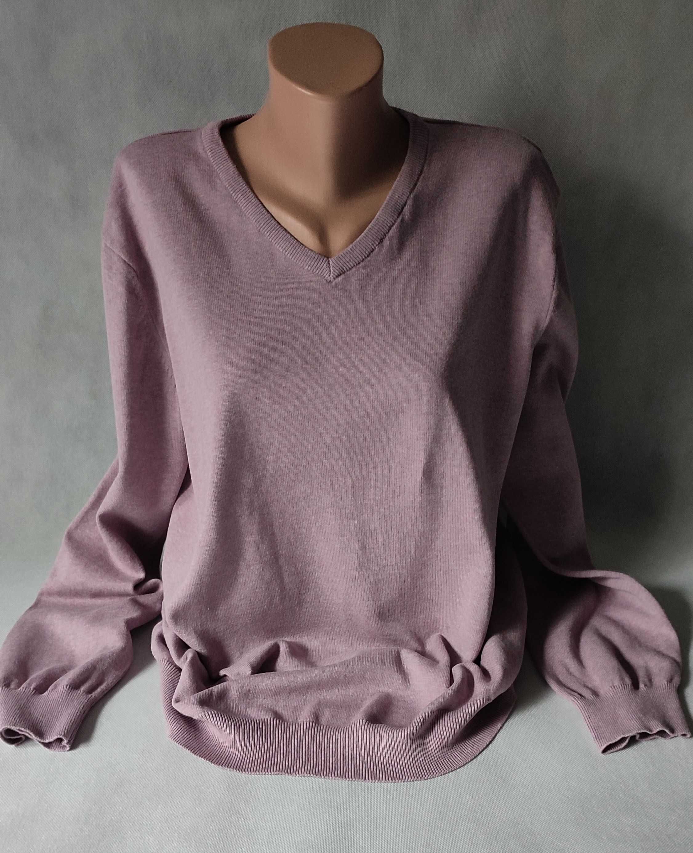 Bawełniany liliowy sweter dekolt V z długim rękawem XL 100% bawełna