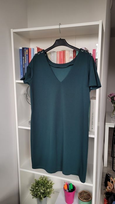 Sukienka letnia krótka mini krótki rękaw nowa ciemnozielona zdobione