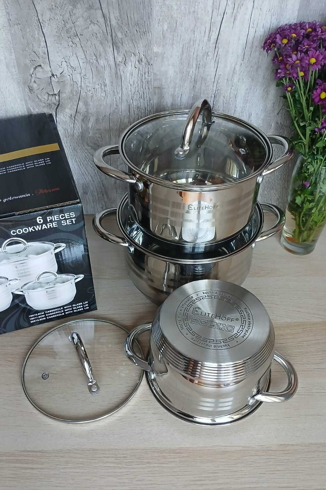 Garnki EliteHoff 6 elementów zestaw 3 garnków 18/20/22 cm na indukcję
