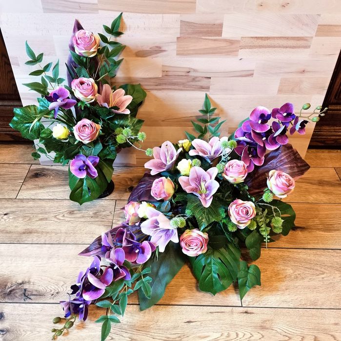Zestaw nagrobny sztuczne kwiaty fiolet lila róż brudny pastelowy