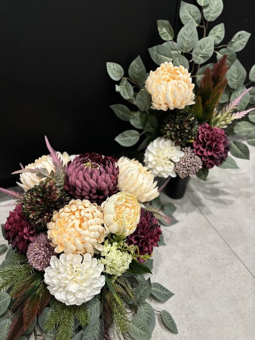 Komplet wiazanka bukiet chryzantemy bordo krem biel