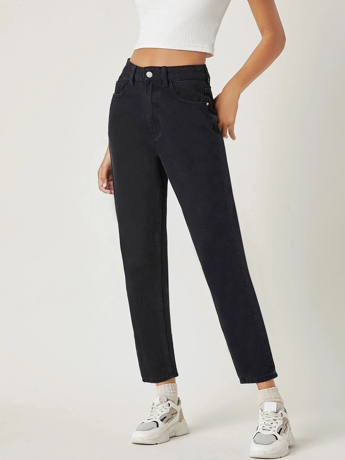 Shein Jeansy Mom Cropped Z Wysokim Stanem Czarne