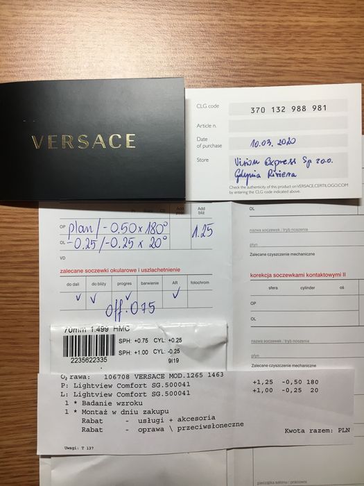 Versace oprawki zlote+szkła korekcyjne i zerówki