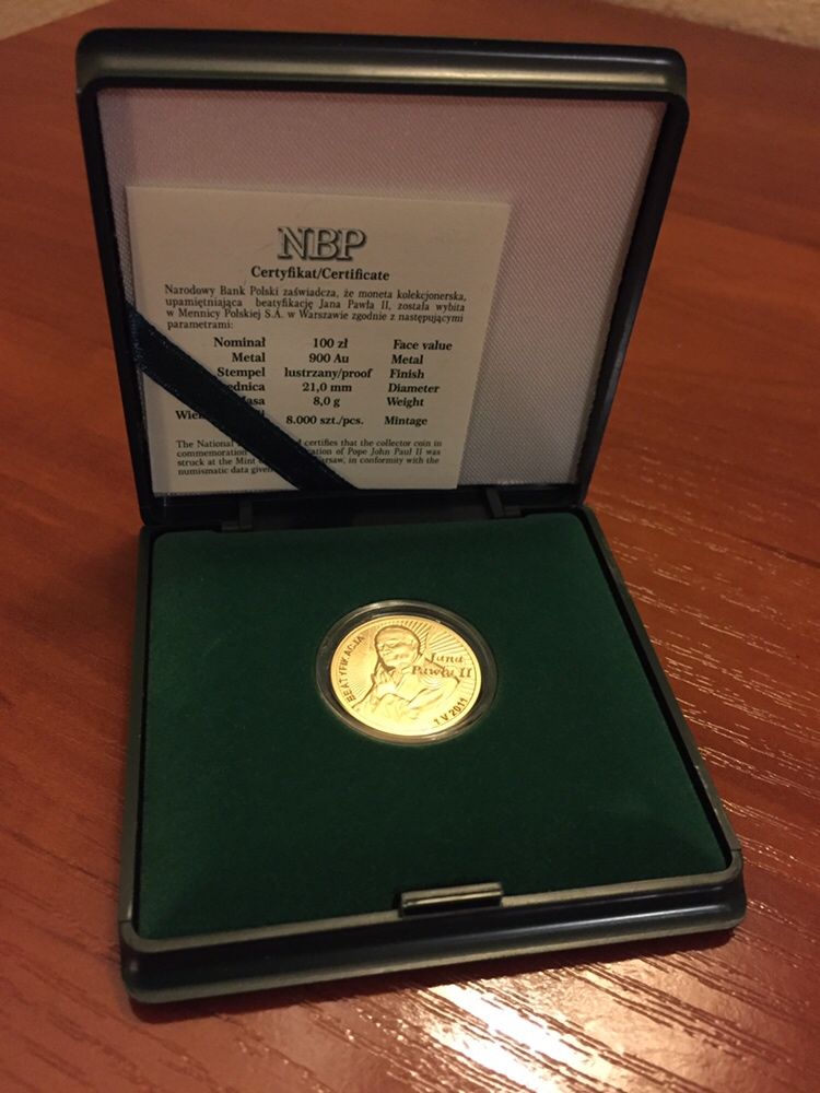 Złota moneta 100zł Beatyfikacja Jana Pawła II stan menniczy