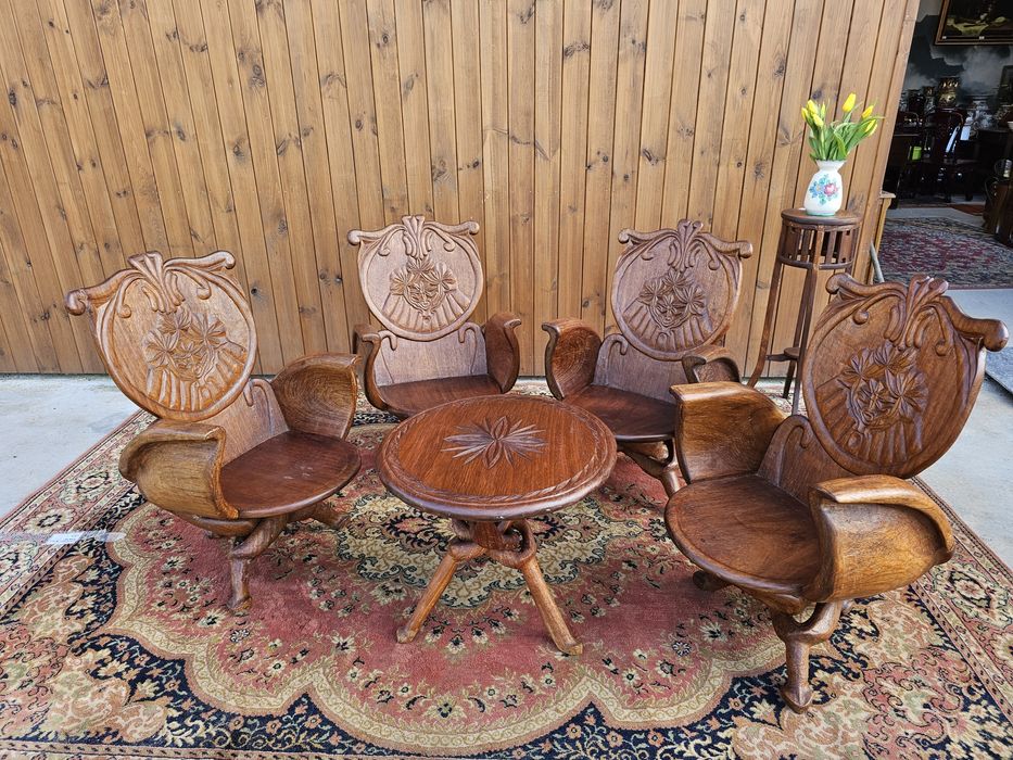 Rzeźbione  fotele 4 szt + stolik orzech orient wypoczynek #1592 Węgrów