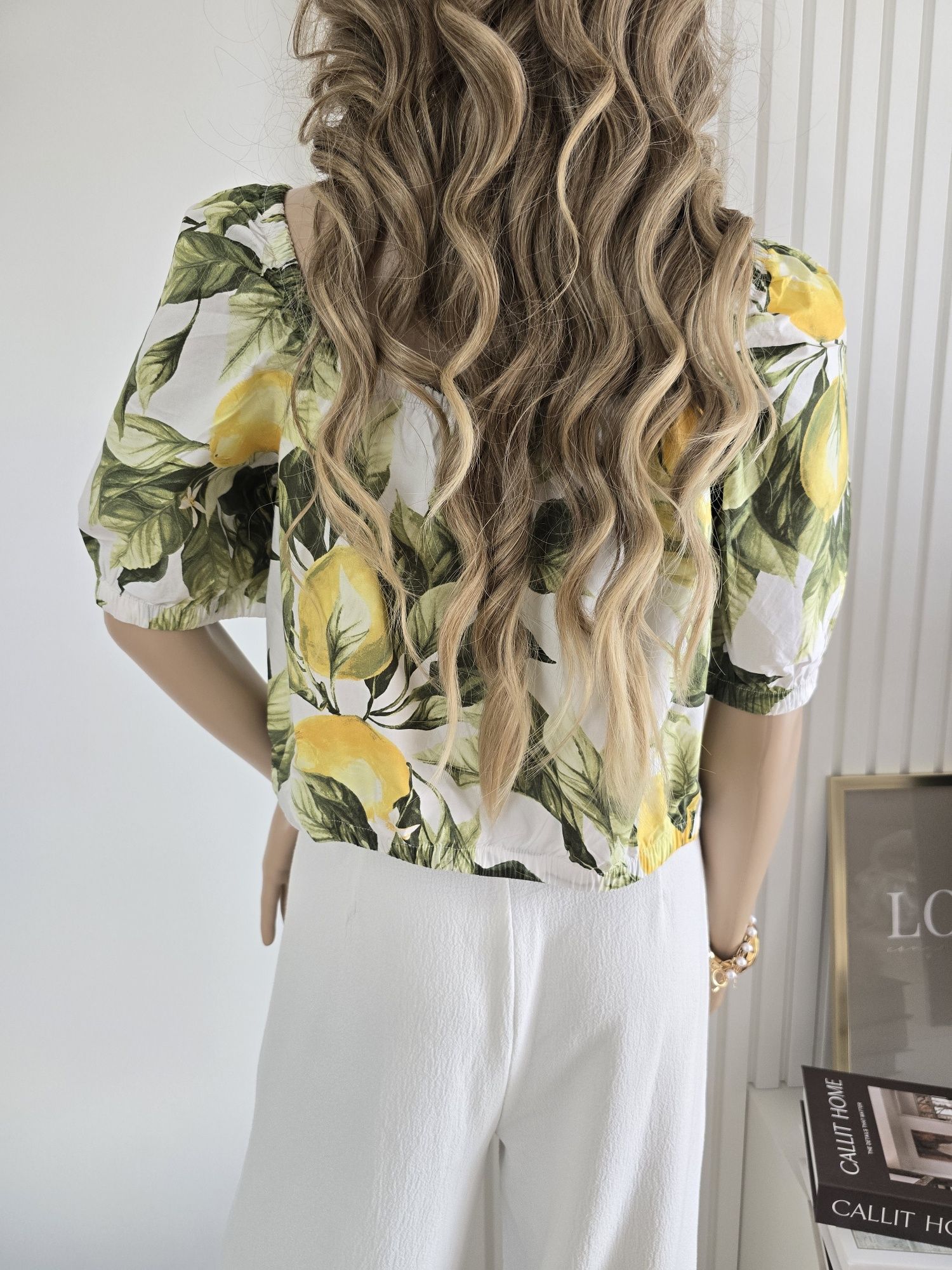Bluzka kwiaty crop top 38 M bawełna H&M cytryny marszczona letnia