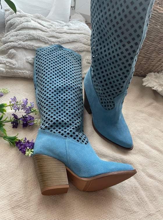Eleganckie kozaki kowbojki ażurowe naturalna skóra kolory