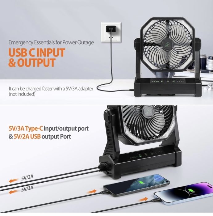 Ventilador portatil para campismo ou espacos exteriores carrega telm