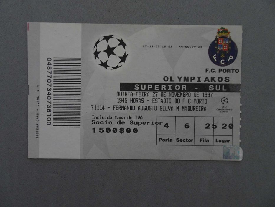 Bilhete futebol Porto Olympiakos 27 novembro 1997
