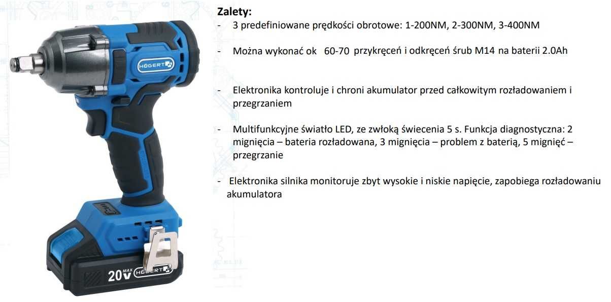 Klucz udarowy Hogert 400Nm akumulatorowy. HT2E200