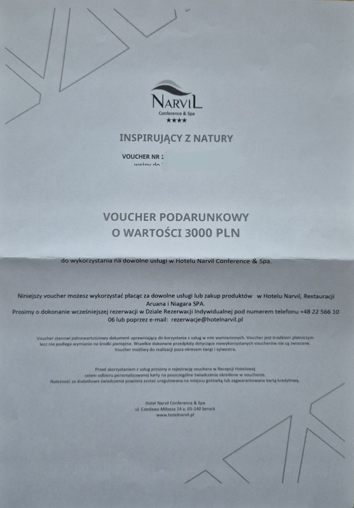 Voucher kwotowy 3000zl do hotelu NARVIL w Serocku