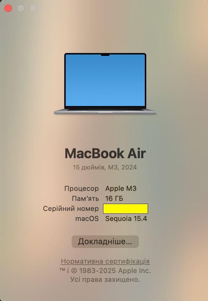 MacBook AIR 15 M3 8 CPU/ 10 GPU/ 16 RAM/ 256 GB Space MC9D4