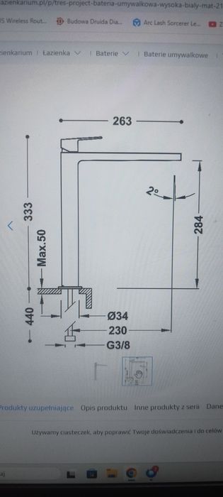 Bateria umywalkowa wysoka biała TRES