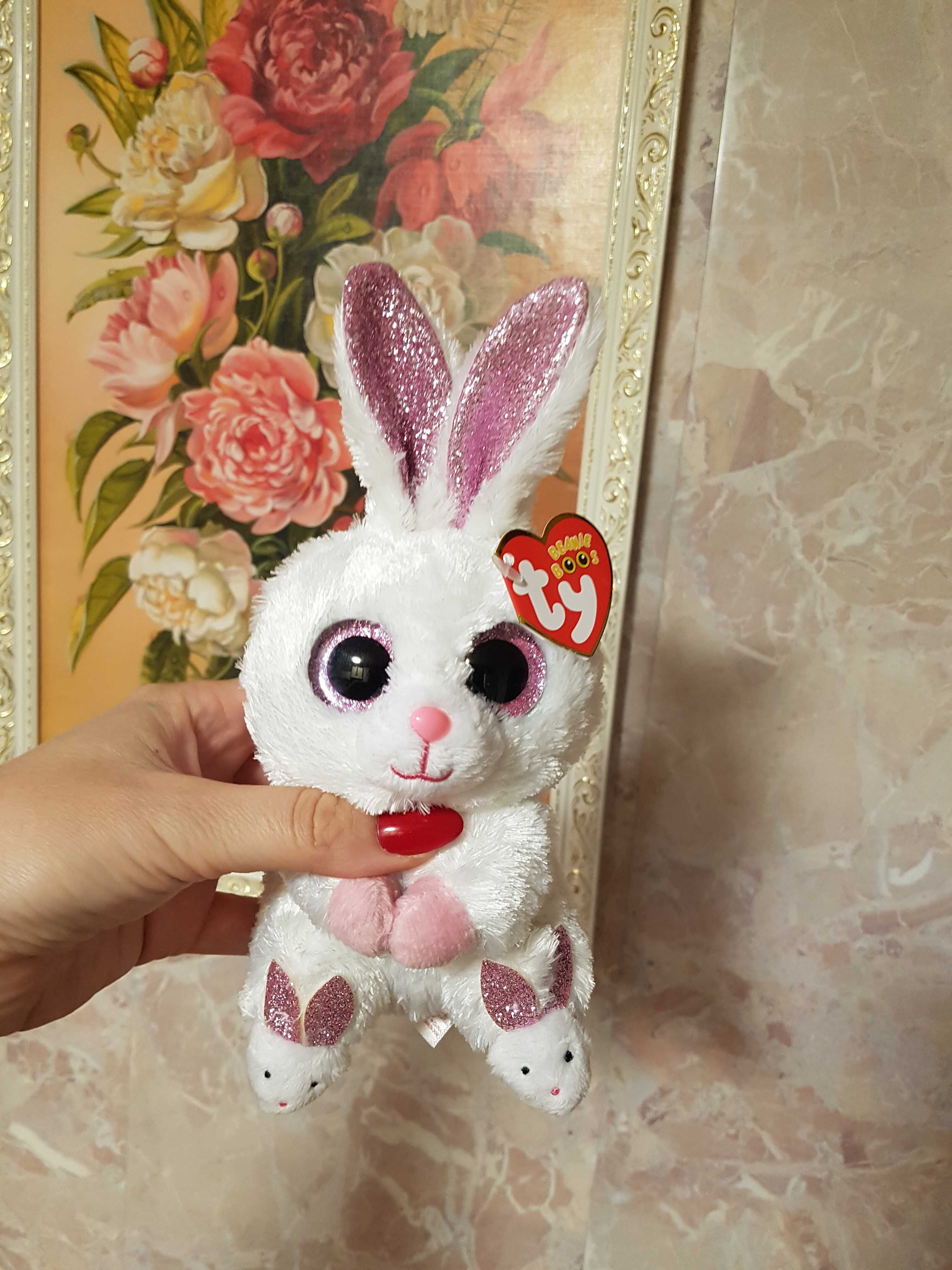 Ty Beanie Boos глазастик белый зайчик в тапочках SLIPPERS, заяц 20 см