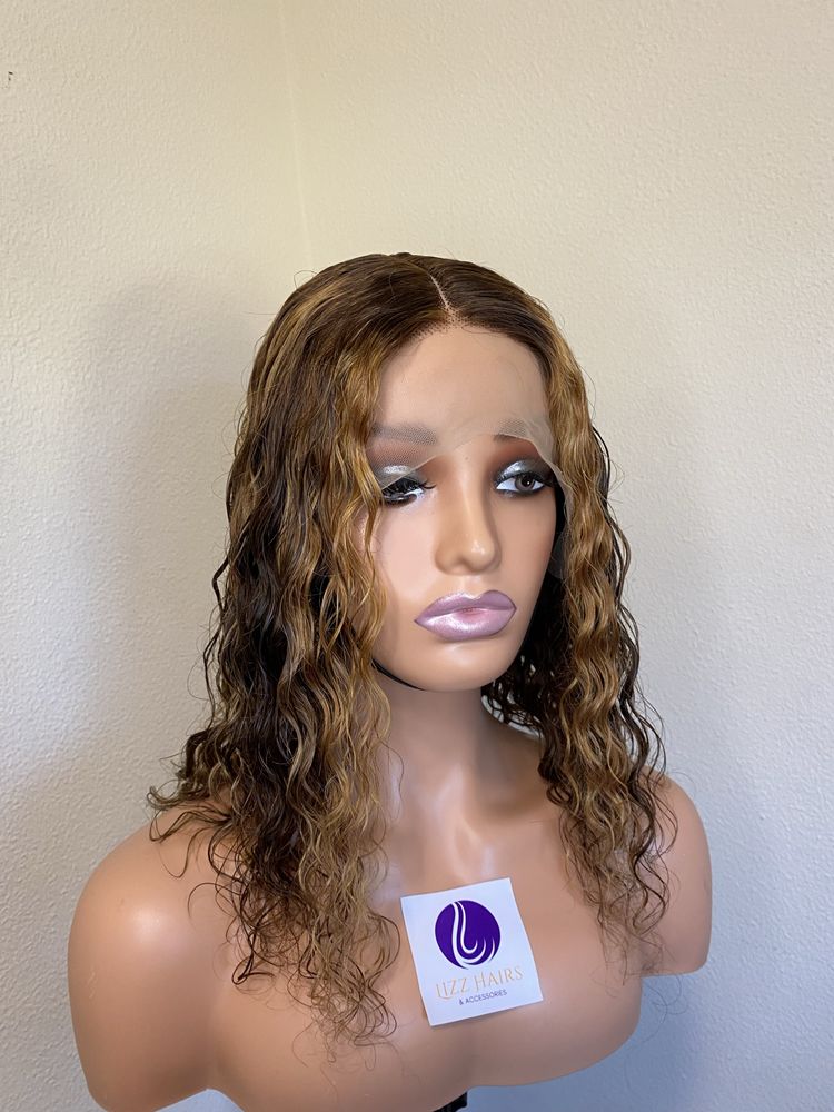 Peruca 100% cabelo humano, T frontal, com madeixas castanhas, 16”