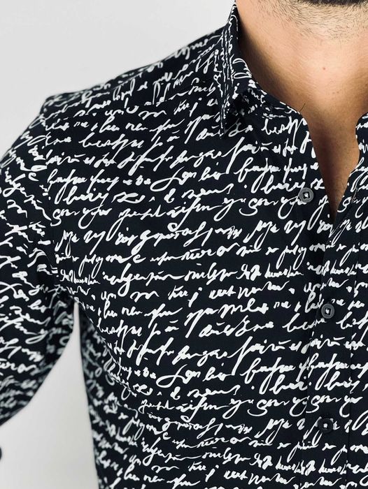 GIOVANNI PERA Koszula męska K012 Pismo, czarna-biała, elastyczna