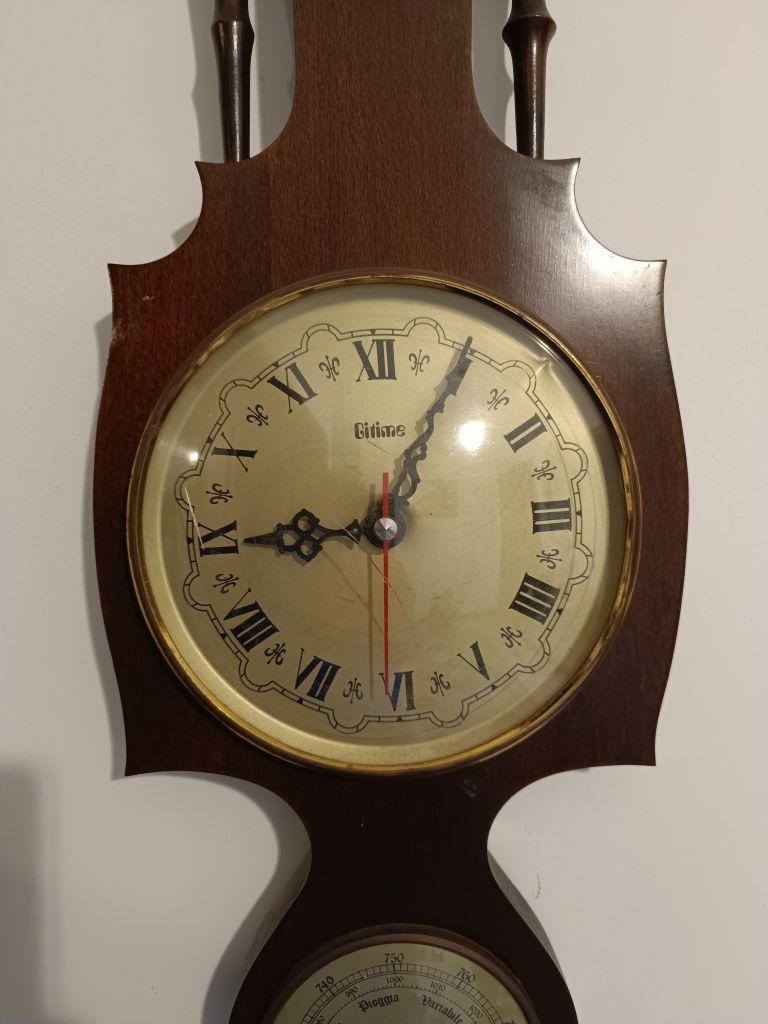 Relógio de parede em madeira com termómetro e barómetro