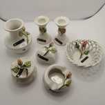 Porcelana, zestaw, wazon, świeczniki, popielniczka, Lata 80, vintage