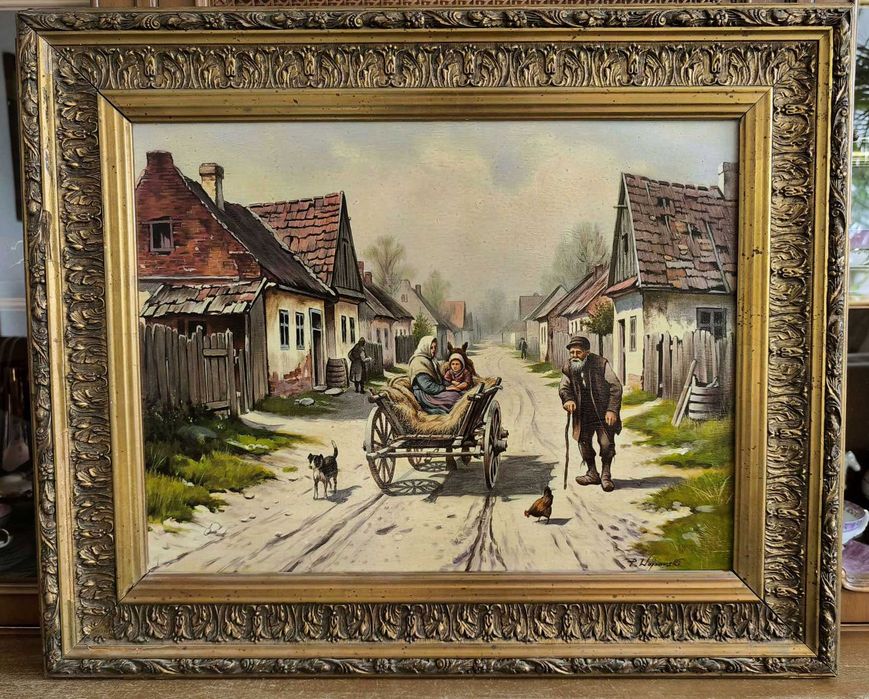 Stara wioska - WOZEM PRZEZ WIEŚ / złota antyczna rama / pejzaż