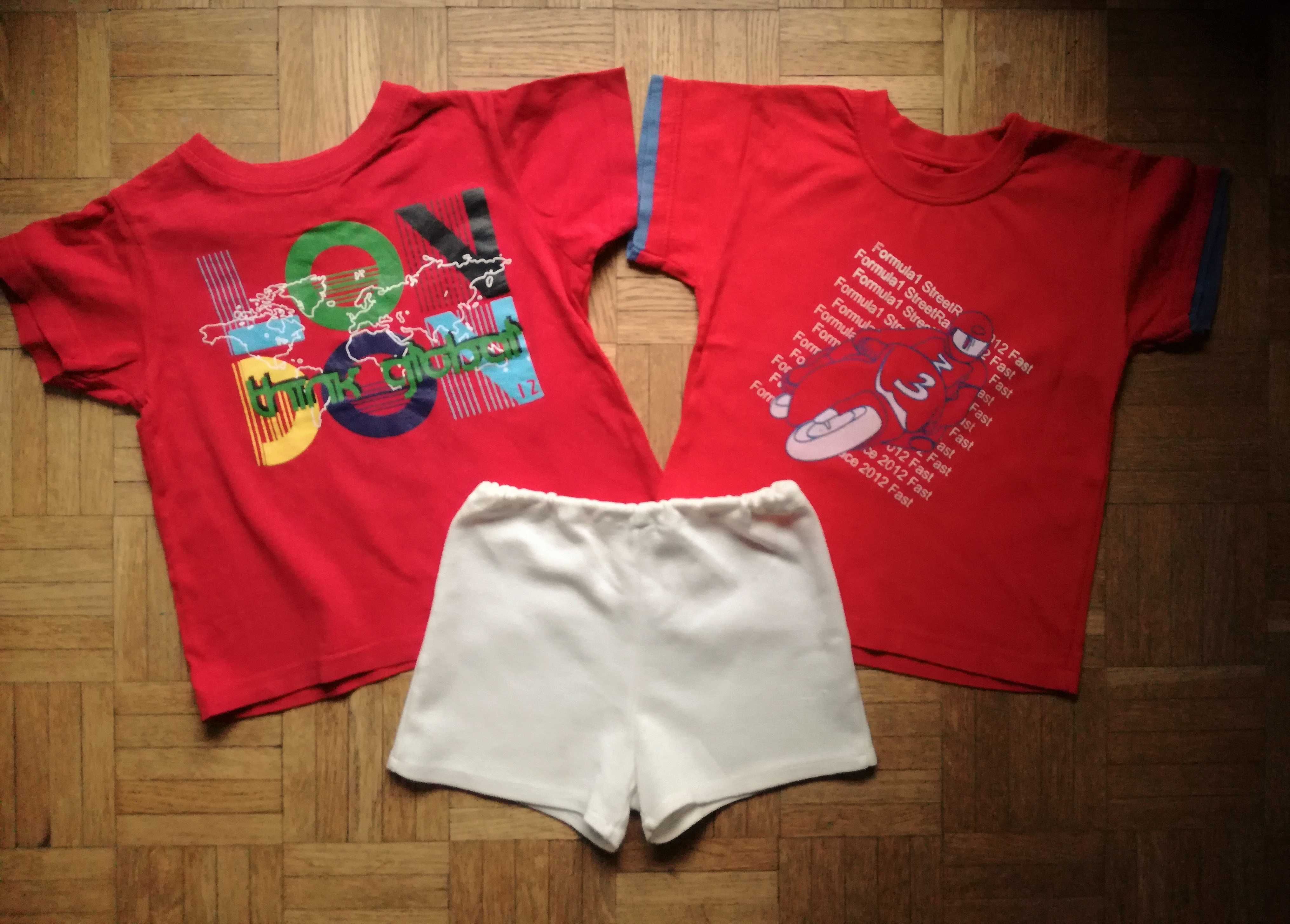 Komplet: dwa czerwone t-shirty + szorty ecru, roz. 92-98