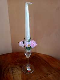 Elegancki świecznik kryształowy z wiankiem i świeczką - VINTAGE